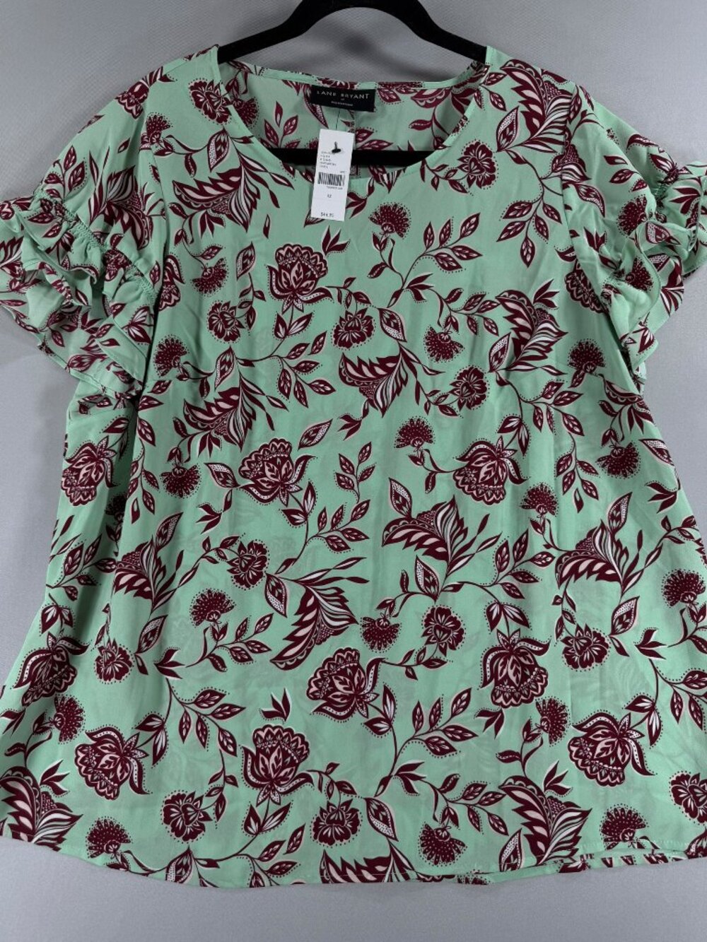 Lane Bryant NWT Floral Ruffle Sleeve Blouse Mint Burgundy Size 12